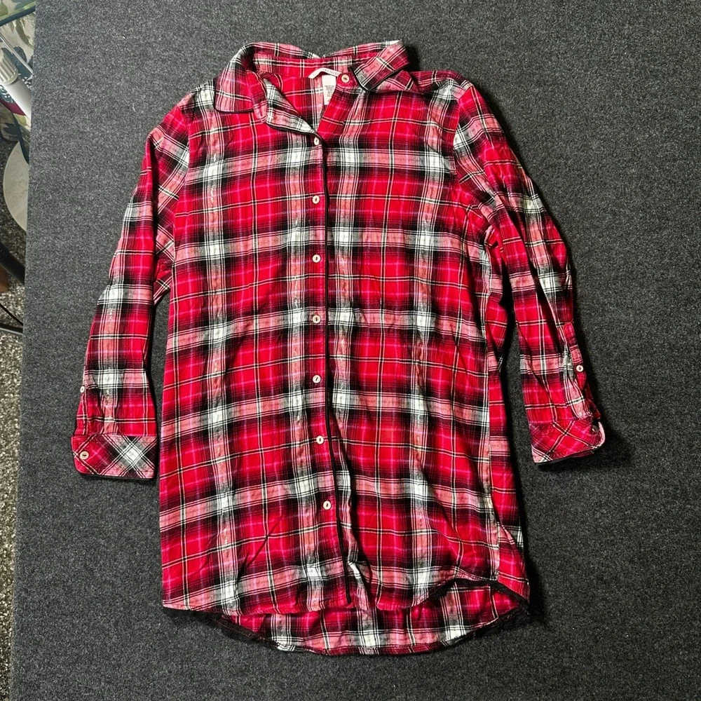 Victoria's Secret Red Plaid Lace Trim Sleep Shirt Nightgown L 401215-ME5